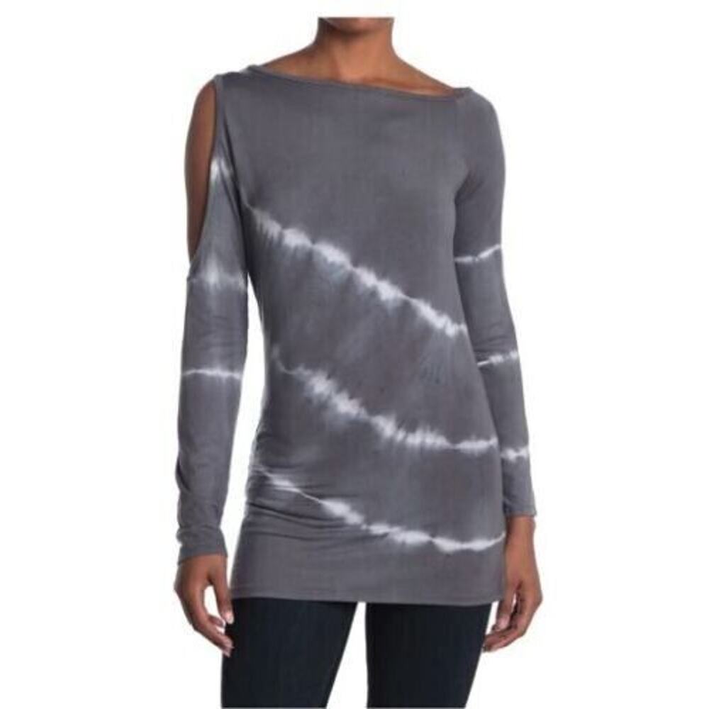 Go Couture Women's Long Sleeve Cold Shoulder Gray/White Tie Dye Top Small $98